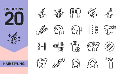 Fototapeta premium Hair styling line icon set. Simple signs with comb, hair dryer, hair follicles, shampoo and curling iron. Editable stroke. Outline vector illustration collection isolated on background