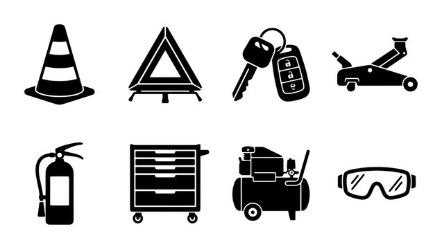 Car Emergency Kit Icons: Traffic Cone, Warning Triangle, Car Keys, Jack, Fire Extinguisher, Tool Chest, Air Compressor, Safety Goggles