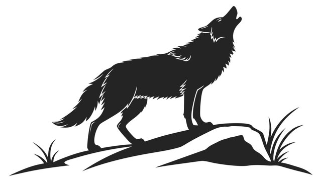 Black silhouette of a howling wolf standing on a rock