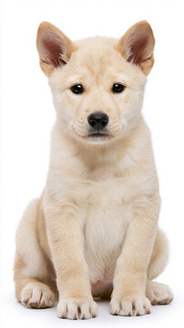 korean jindo puppy front facing portrait, foxlike korean jindo dog looking at camera, centered jindo puppy with gentle expression