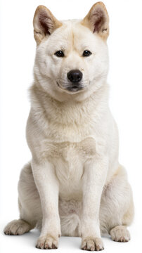 korean jindo puppy front facing portrait, foxlike korean jindo dog looking at camera, centered jindo puppy with gentle expression
