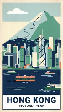 Retro travel poster of Hong Kong, HSBC and Bank of China glass skyscrapers, victoria peak funicular cable line, colourful star ferries crossing busy victoria harbour, green hillside. East meets west