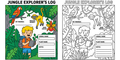 Jungle explorers log colouring page for kids with monkey parrot and orchid © Najma