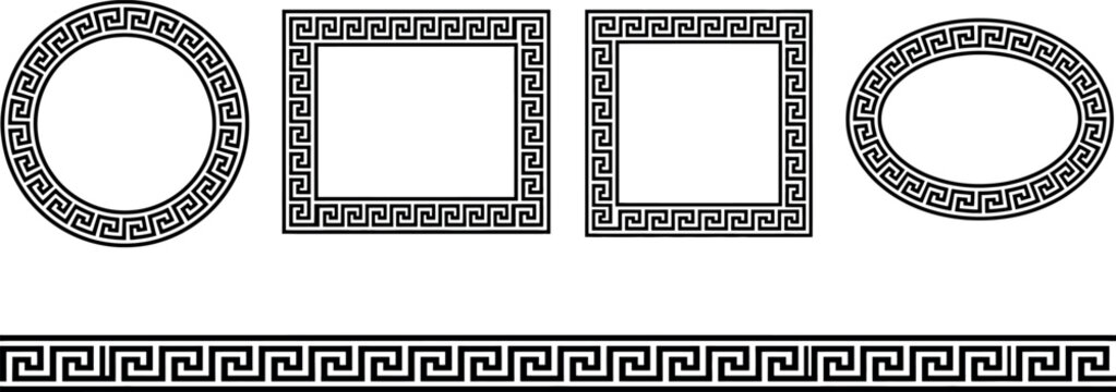 Set of greek key patterns, meander borders, frames, and shapes isolated on white background