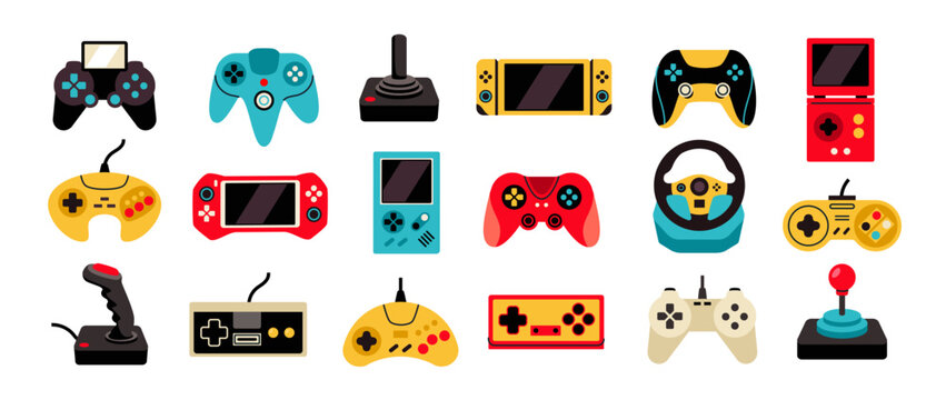 Retro gamepad icons set. Stickers with various vintage joysticks, consoles and devices for playing video game. Gadgets for gaming. Flat vector illustration collection isolated on background
