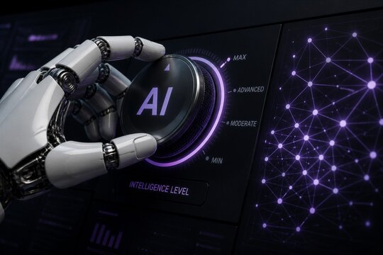 Robot hand adjusting ai control dial on dark interface panel