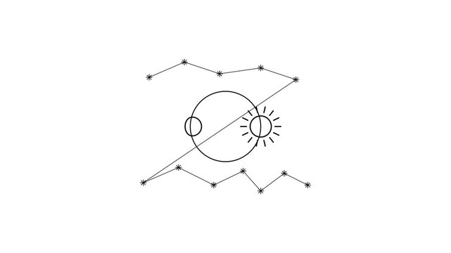 Minimalist celestial animation: rotating sun and moon orbiting planets with constellation lines astronomy