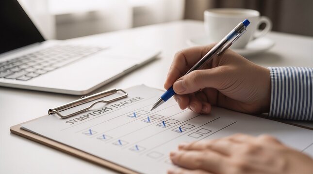 Person fills out medical symptoms tracker checklist with pen at office desk containing laptop and coffee cup during wellness evaluation or health survey for clinical record management.