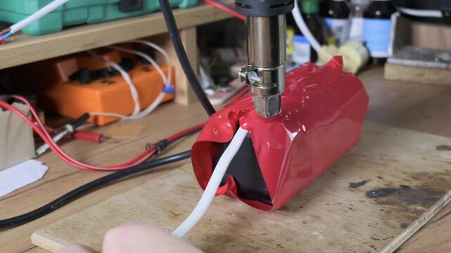 Hands use a heat gun to shrink red tubing around a custom lithium battery pack on a wooden workbench. Concept of DIY electronics, electrical engineering, and home workshop repair.