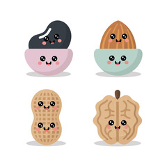Fototapeta premium Seeds And Nuts Kawaii, Sesame Bowls Peanut Shell And Walnut Half, Cute Style, Sticker Pack, Flat Vector Icons, Clipart Collection
