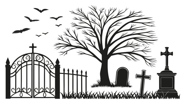 Black silhouette of a graveyard with a gate and dead tree