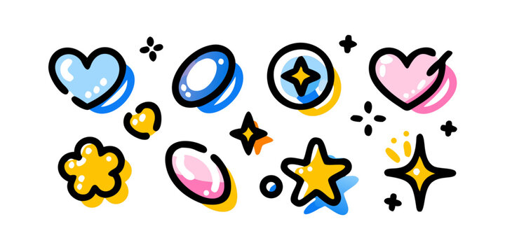 Colorful cute cartoon heart and star sticker icons, vector