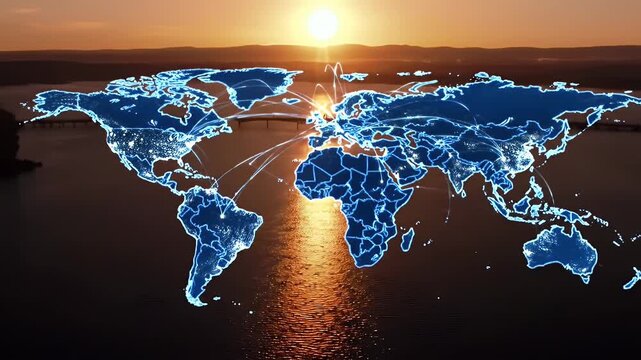 Global interconnectedness illustrated with a glowing world map at sunset.