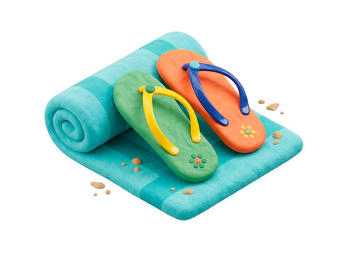 Colorful flip flops and rolled towel on a beach towel with sand scattered around, summer vacation concept