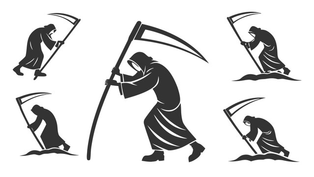 Five silhouettes of the grim reaper carrying a sharp scythe