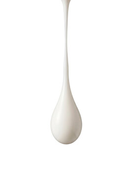 A thick white liquid stream forming a teardrop shape against a pure white background