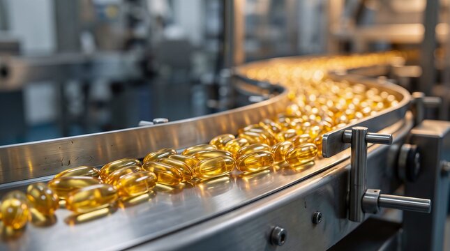 Many yellow transparent soft gel capsules moving on conveyor belt, dietary supplements production process in pharmaceutical factory.