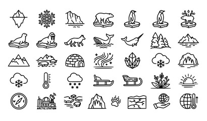 Arctic Polar Region Icon Set Cold Ice Snow Wildlife Environment Thin Line Vector Collection © MDSabbir