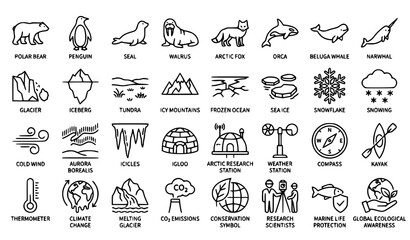 Arctic Polar Wildlife and Ice Environment Line Icons Pack Vector Collection © MDSabbir