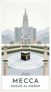 Retro travel poster of Mecca, Saudi Arabia, with sacred Kaaba at centre of vast circular Grand Mosque courtyard, Abraj Al-Bait clocktower and misty mountain range behind. Islamic holy pilgrimage