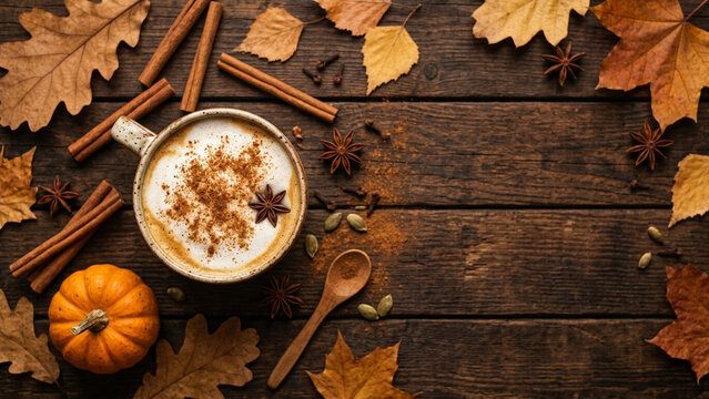 Pumpkin spice latte flat lay with cinnamon and autumn spices