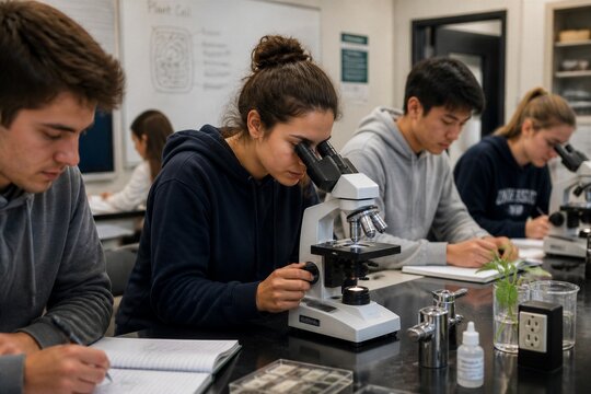 Students using microscope during biology lab class