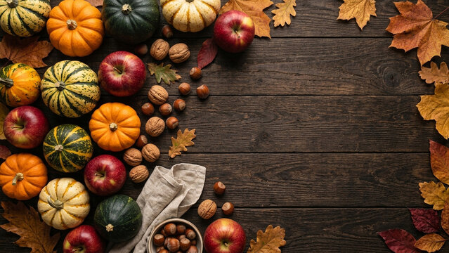 Autumn harvest flat lay with pumpkins, apples, nuts and gourds