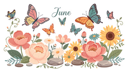 Naklejka premium Colorful June floral arrangement with flying butterflies and blooming garden flowers, evoking a vibrant summer atmosphere