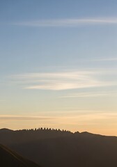 Obraz premium Golden hour over calm rural landscape with wind turbines.