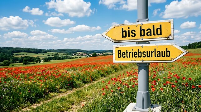 Signpost with the words bis bald and betriebsurlab in a poppy field