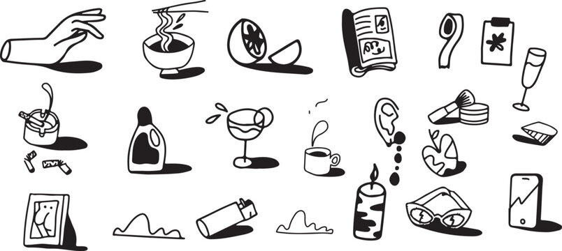 Random Lifestyle Objects and Everyday Item Doodles in Hand Drawn Line Art Style