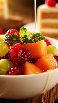 Cinematic View Of Glossy Fresh Fruit Salad With Honey Lime Dressing Vibrant Melon Berries And Grapes And Mint Leaf In Natural Sunlight Fresh And Juicy Food Commercial