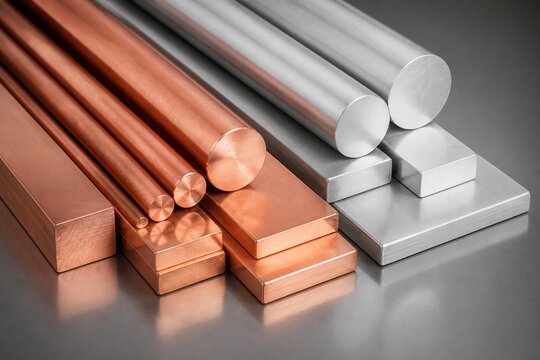 Copper and aluminum metal rods and bars arranged on reflective surface
