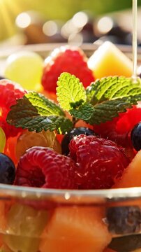 Detailed Close Up Of Glossy Fresh Fruit Salad With Honey Lime Dressing Vibrant Melon Berries And Grapes And Mint Leaf In Natural Sunlight Fresh And Juicy Food Commercial