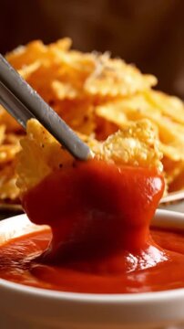 Macro Shot Of Golden Crispy Air Fryer Pasta Chips Shaped Like Bowties Dipping Into Marinara Sauce With Seasoning Dust In Bright Snack Lighting Viral Food Commercial