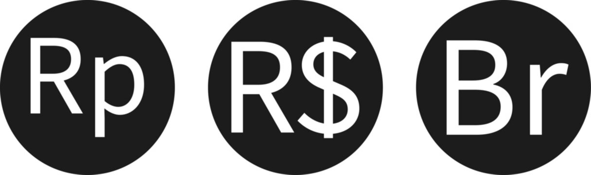 Indonesia Rupiah Currency Symbol.Brazilian real currency symbol.Ethiopian Birr symbol. Foreign exchange currency sign. Vector