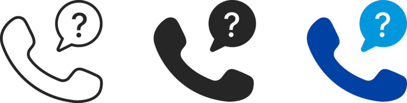 Phone receiver icon with question mark speech bubble in black and blue colors. Vector