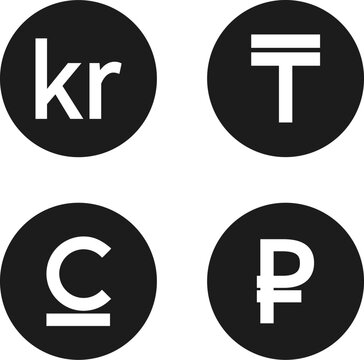 Danish krone currency symbol. Kazakhstani tenge symbol. Kyrgyz som currency symbol. Russian ruble currency symbol. Foreign exchange currency sign. Vector