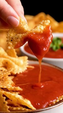 Cinematic View Of Golden Crispy Air Fryer Pasta Chips Shaped Like Bowties Dipping Into Marinara Sauce With Seasoning Dust In Bright Snack Lighting Viral Food Commercial