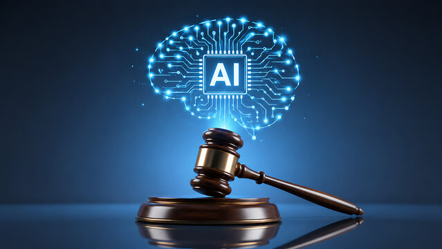 Artificial intelligence law concept with judge gavel and glowing circuit brain showing ai governance regulation ethics legal technology and digital justice in modern courtroom background
