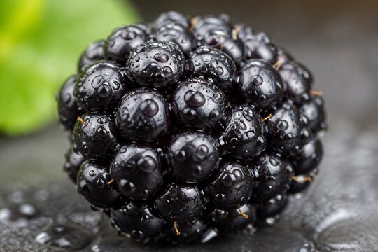 Blackberry with water droplets captured in macro closeup