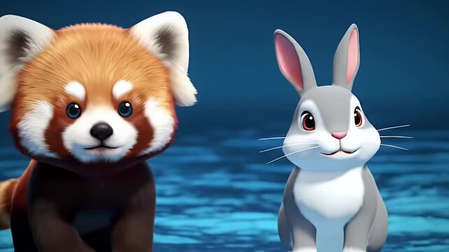 A charming red panda and a curious rabbit appear in this digital artwork.