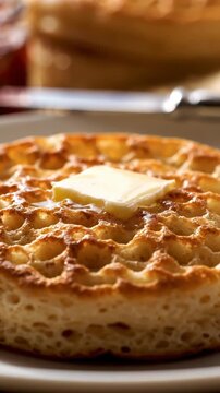 Macro Shot Of Honeycomb Holes In A Crumpet With Butter Pooling Inside And Toasted Surface Ready To Serve