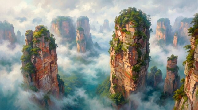 Impressionist Oil Painting of Massive Sandstone Pillars and Misty Mountain Canyon