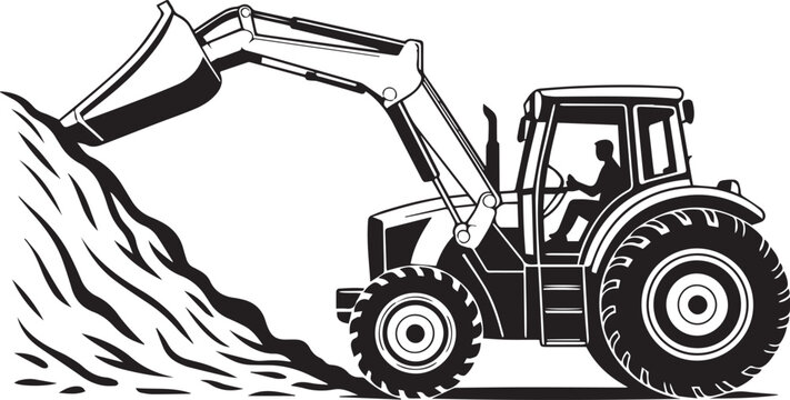 Black and white tractor with a man digging earth isolated on transparent background, Vector, illustration