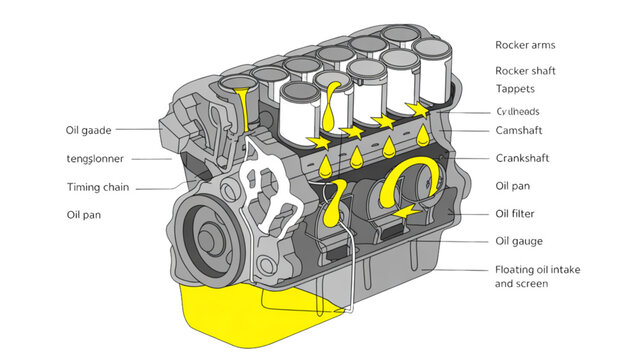 Close-up illustration of a mechanical engine block with labeled parts in a technical diagram style Vector