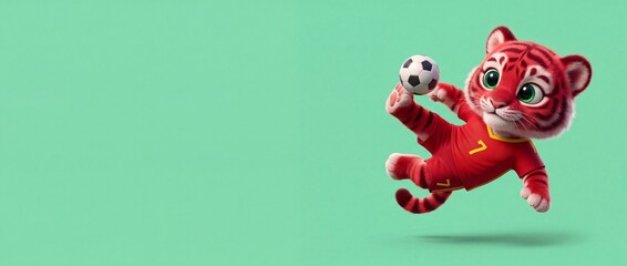 Fototapeta premium Cute Red Tiger Mascot Soccer player kicking ball in midair, 3D animated cartoon character wearing red football uniform jersey number 7 jumping on green background panoramic banner copy space concept.