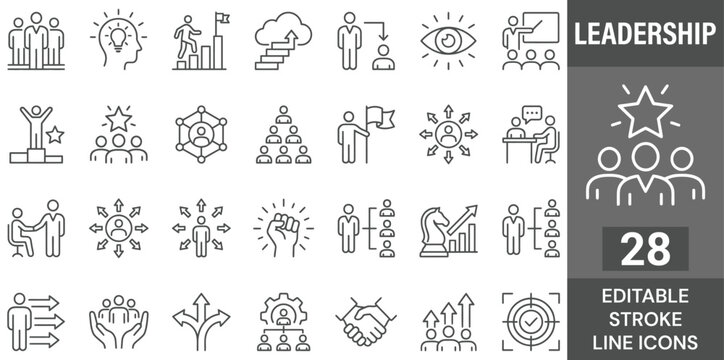 Leadership line icon set. Editable Stroke. Leader, team, direction, confidence, vision - stock vector.
