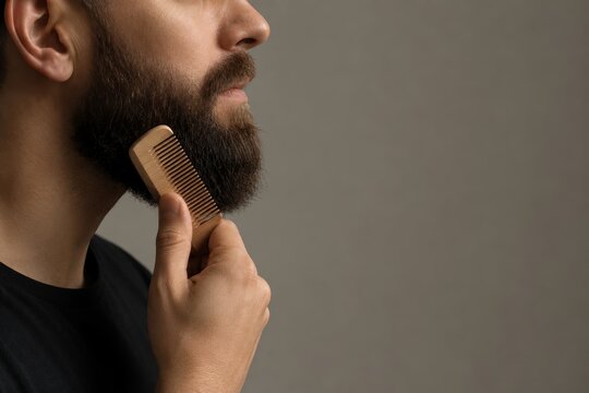 Man grooming beard with small wooden comb. Daily facial hair routine and skincare maintenance for stylish guy. Professional barbershop concept for wellness and aesthetic self care.