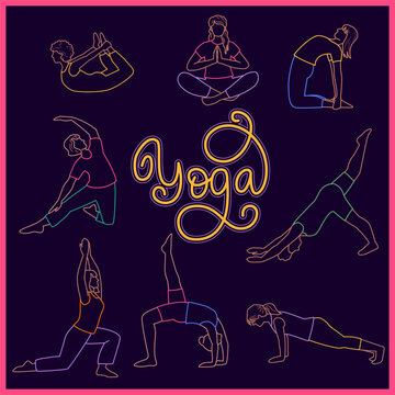 Yoga lettering surrounded by women practicing yoga poses. Colorful line art vector illustration on dark background for wellness, mindfulness, fitness and International Yoga Day themes.